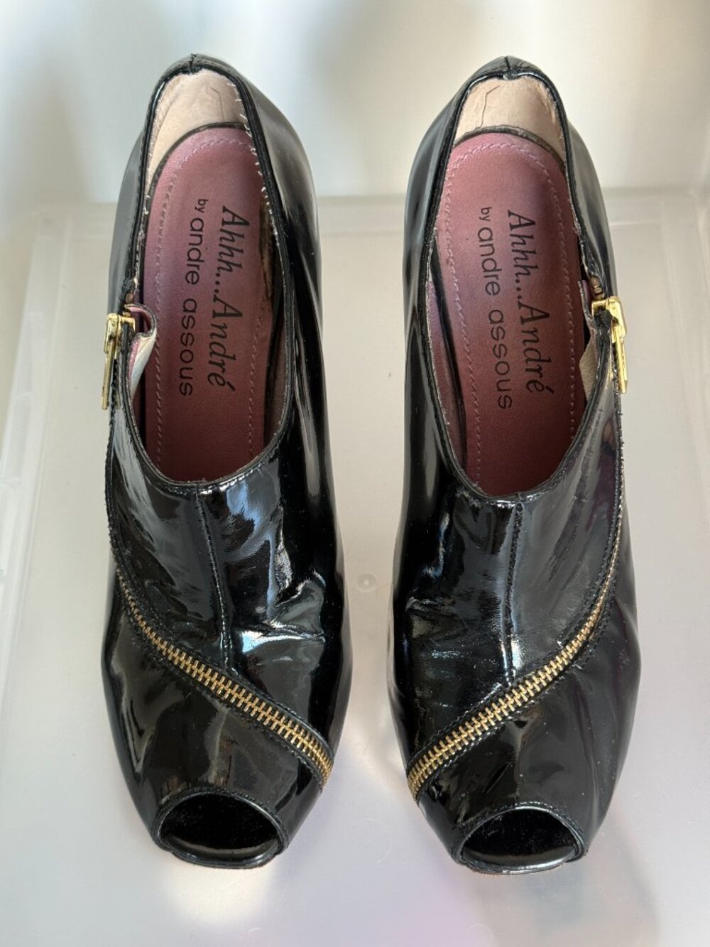 Andre Assous Black Patent Leather Heels with Gold Zipper